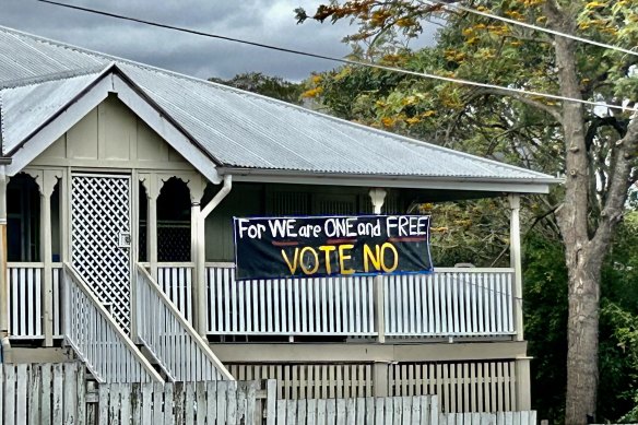 One of several Voice signs along one of the Bardon terraces, in Brisbane’s inner-west, on the Sunday before the referendum.