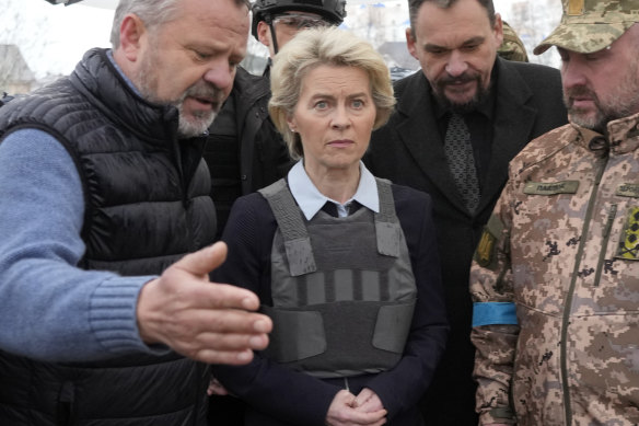 EU Commission President Ursula von der Leyen at a mass grave in Bucha, earlier this month.