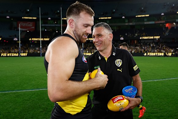 Richmond coach Adem Yze and Noah Balta after their Easter Saturday victory earlier in the season.