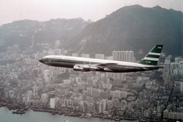 A Cathay Pacific Boeing 707 over Hong Kong in 1970.
