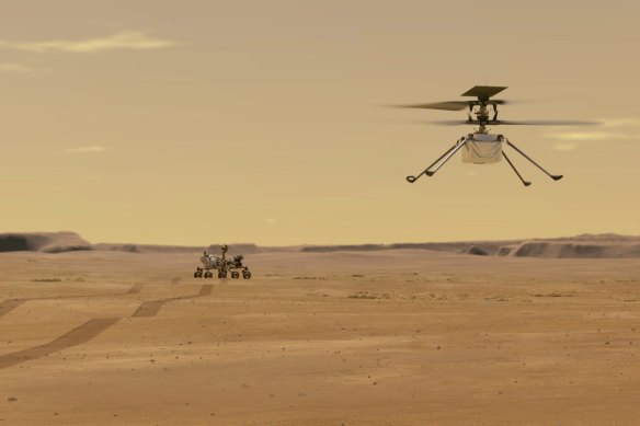 An illustration depicts Mars Helicopter Ingenuity during a test flight on Mars.