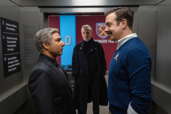 Nathan (Nick Mohammed) and Ted (Jason Sudeikis) face off in season three of Ted Lasso.