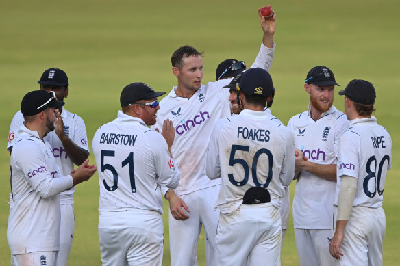 Tom Hartley celebrates after taking his fifth wicket of the innings.