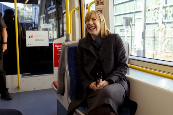 NSW Transport Minister Jo Haylen rides on an inner west tram.