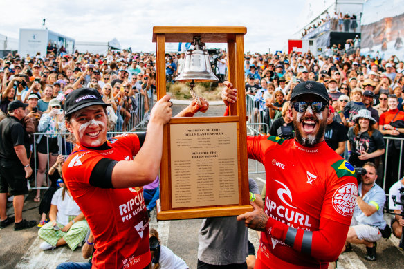 Ringing the bell: Tyler Wright and Felipe Toledo blitzed it at Bells Beach last year.