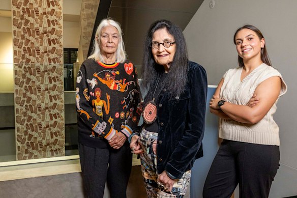 From left, Marcia Langton, Judith Ryan and Shanysa McConville have curated an ambitious exhibition charting 65,000 years of Indigenous art.