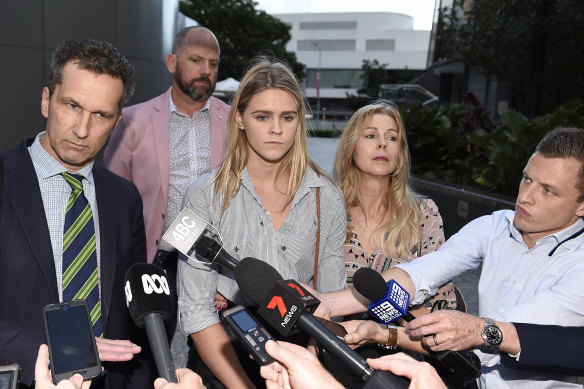 Shayna Jack with her mother and lawyer after a meeting with ASADA in August 2019.
