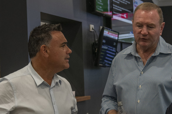 NSW Nationals member for Myall Lakes Stephen Bromhead (right) and party leader John Barilaro.