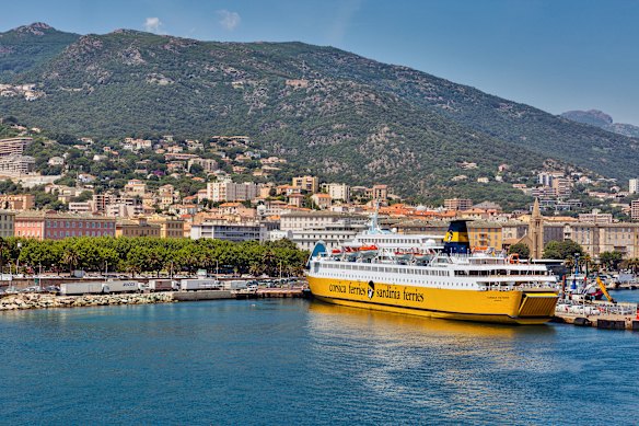 A Corsica Ferries boat docked in the port of Bastia, Corsica, France. 