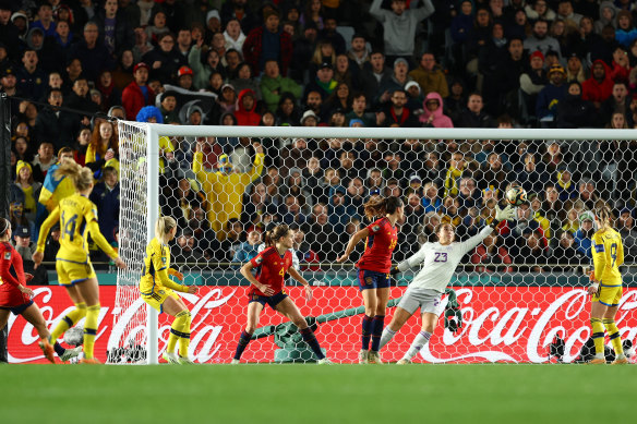 Sweden’s Rebecka Blomqvist scores their first goal.