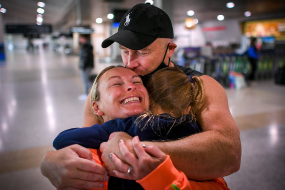 Melanie Brisbane-Schilling reunites with daughter Maddie and husband Gareth.