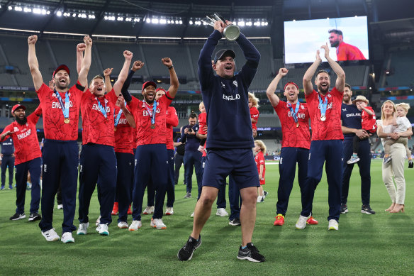 Australian Matthew Mott celebrates another World Cup win, this time with England’s T20 side.