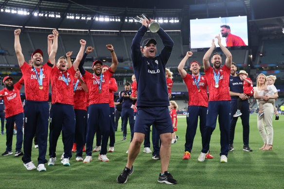 Matthew Mott celebrates another World Cup win, this time with England’s T20 side.