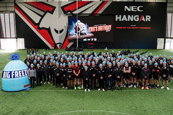 With Terry Daniher front and centre, the Bombers united to show their support for Neale Daniher’s Fight MND Big Freeze on Tuesday.