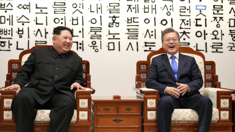 South Korean President Moon Jae-in, right, and North Korean leader Kim Jong-un at the Inter-Korean summit in Panmunjom in April.