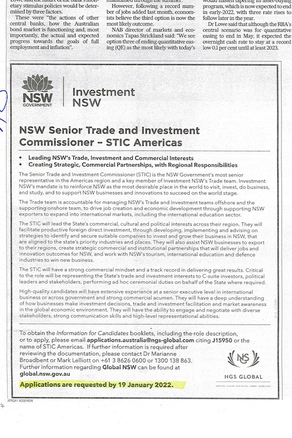 The job advertisement in The Australian Financial Review on December 17, 2021.
