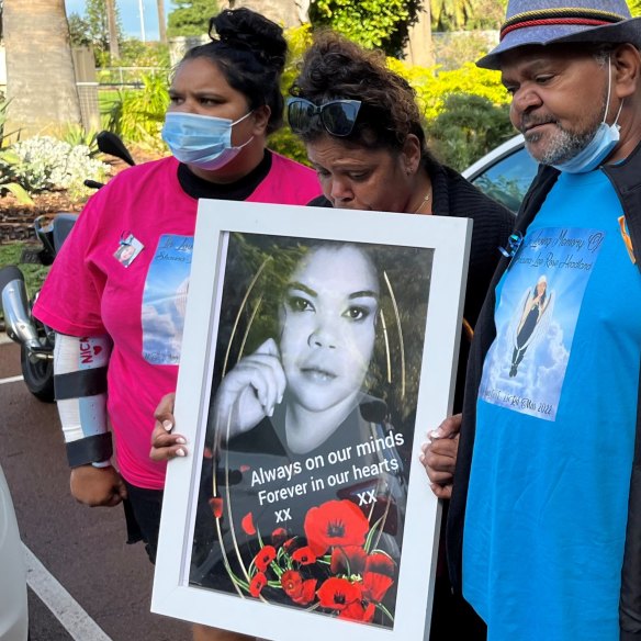 The family of Shauna-Lee Headland: younger sister Shonnica, mother Janis and Janis’ partner Delson Stokes Jnr outside court in support of Veronica Headland as she called for more action to prevent family violence.
