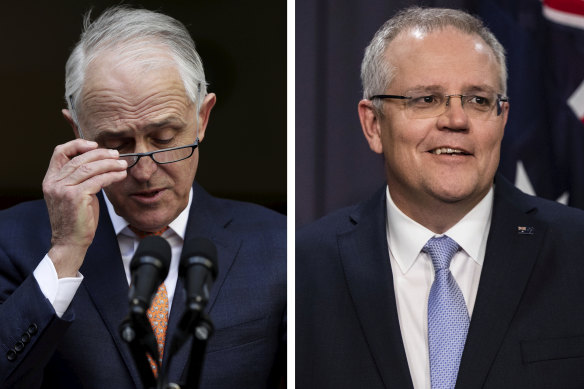 Malcolm Turnbull's final press conference as prime minister, and Scott Morrison addressing the media after winning the Coalition's leadership spill in August.