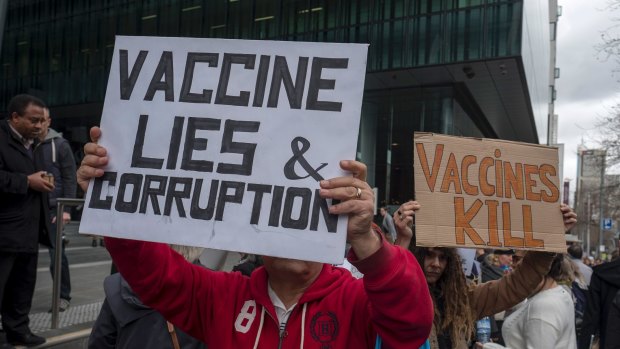 Anti-vaccination protesters rally outside the Medical Board of Australia.