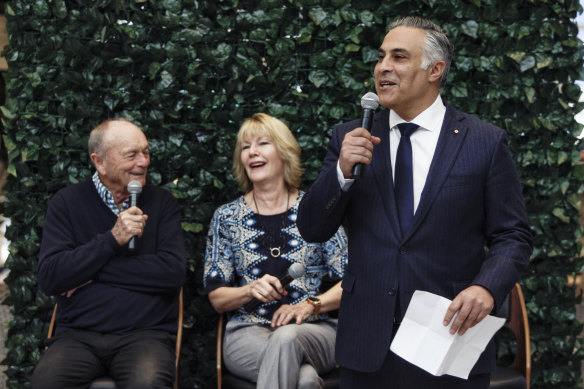 Latitude CEO Ahmed Fahour with Harvey Norman's Gerry Harvey and Katie Page at the launch of LatitudePay.