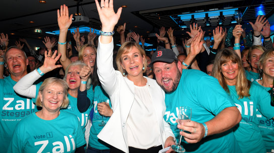 A sea of teal surrounds Independent candidate for Warringah Zali Steggall at her win of the seat of Warringah at her reception at Manly Pacific Novotel on Election Day in Sydney, Saturday, 18 May, 2019. 