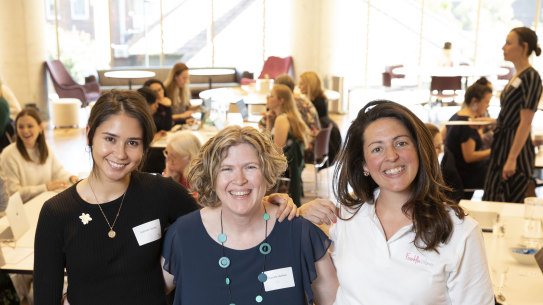 Research Assistant at Cancer Council NSW, Gabriella Tiernan (left),  Human Resources manager at the Centenary Institute, Nanette Herlihen, and Dr Melina Georgousakis at the women in STEM wikipedia edit-athon.
 