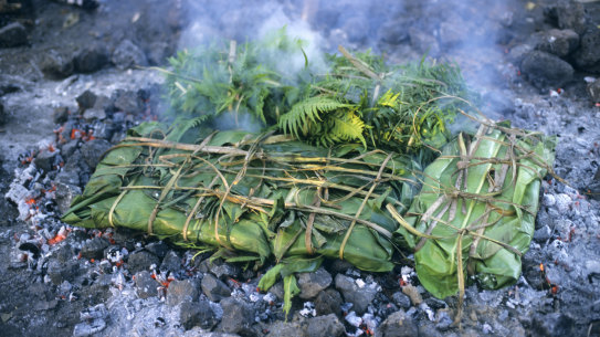 Laplap wrapped with bananas leaves  and cooked on coals, Tanna, Vanuatu.