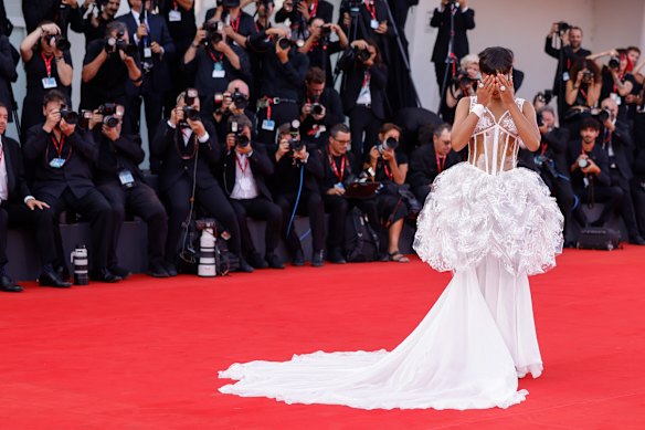 Taylor Russel poses for photographers upon arrival for the premiere of the film ‘Beetlejuice Beetlejuice’ and the opening ceremony of the 81st edition of the Venice Film Festival in Venice, Italy.