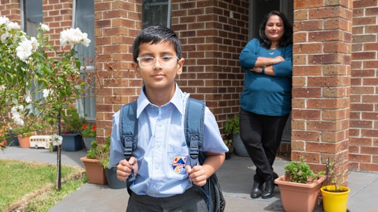 Eight-year-old Aarav Dagia, pictured with mum Prachi Maisuria, is gearing up for his move from public to private school this year.