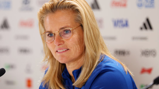 Sarina Wiegman speaks to the media in Sydney.