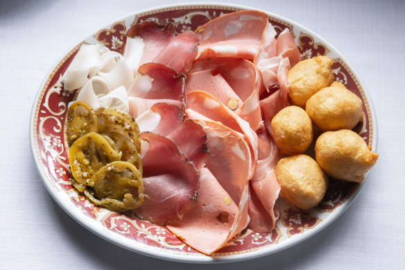 Antipasto with zeppole (Sicilian-style savoury doughnuts) and house pickles.