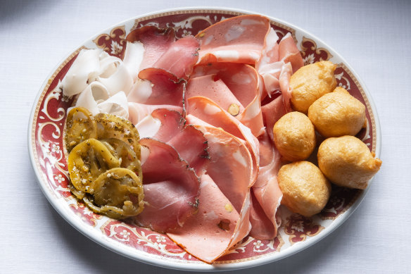 Antipasto with zeppole (Sicilian-style savoury doughnuts) and house pickles.