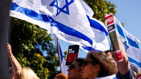Supporters of Israel attend a rally in solidarity for the victims and hostages on Sunday.
