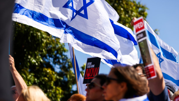 Supporters of Israel attend a rally in solidarity for the victims and hostages on Sunday.