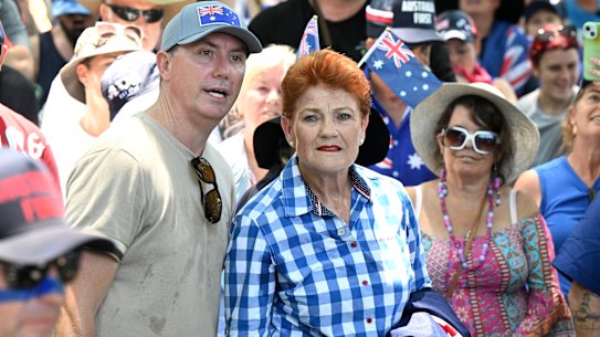 James Ashby and One Nation Leader Senator Pauline Hanson are seen attending the Australia Marches rally during Australia Day celebrations in Brisbane, Monday, January 26, 2026.
