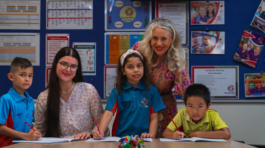 From left to right - Charlie Jaques, Chianna Taylor,  Sharnicqua Mills, Lisa Ledger, and Eric Yang, from Baynton West Primary School in Karratha WA. 