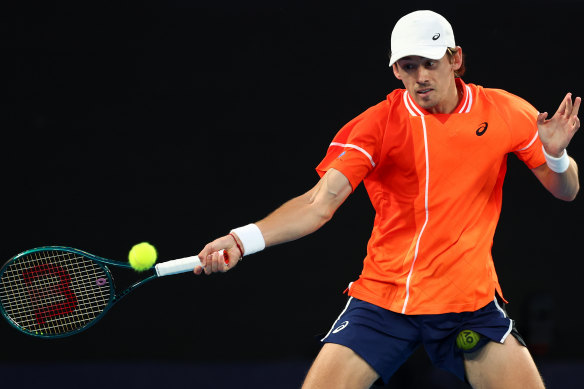 Alex de Minaur in action as part of a charity match at Melbourne Park earlier this week.