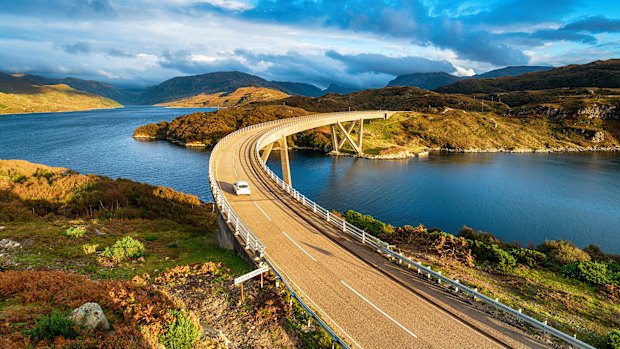 The Kylesku Bridge spanning Loch a’ Chairn Bhain in the Scottish Highlands.