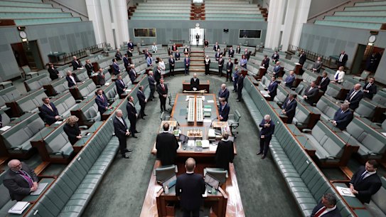 Prayers in the House of Representatives with MPs practising social distancing.