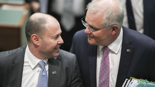 Treasurer Josh Frydenberg and Prime Minister Scott Morrison during Question Time at Parliament House in Canberra on Thursday 22 October 2020. fedpol Photo: Alex Ellinghausen
