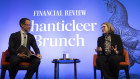 Coles CEO Leah Weckert speaks with columnist Anthony Macdonald at The Australian Financial Review Chanticleer Brunch on Friday.