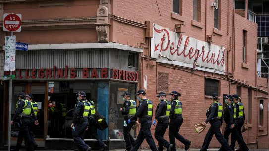 Police patrol Melbourne's CBD on Saturday.