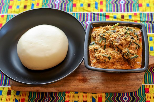 Egusi stew (right) with semolina fufu.