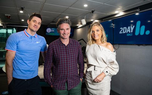 The new 2Day FM breakfast radio team hopes to make a dent in Kyle and Jackie O's ratings. From left, Ed Kavalee, Dave Hughes and Erin Molan. 