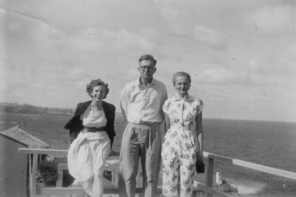 Ellen Waugh, holding a camera, loved the coast. This photo was taken from a crow’s nest lookout on the top of the home sometime in the 1940s or early 1950s. With her are her brother and a cousin.
