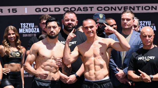 Tim Tszyu and Brian Mendoza at the weigh-in ahead of their boxing bout on the Gold Coast.