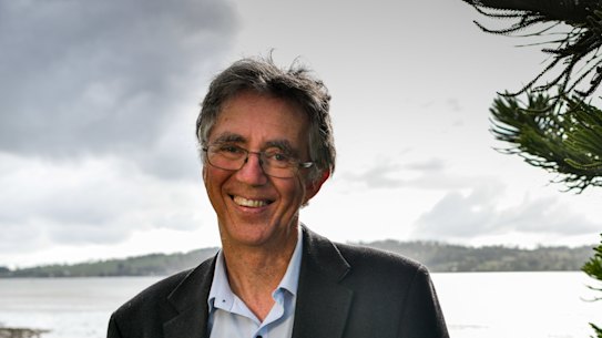 Author, activist and psychologist Steve Biddulph having a remote lunch at Rosevears on the Tamar River in northern Tasmania. 