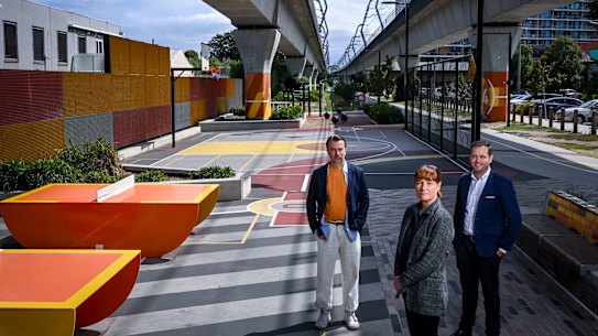 Timothy Moore, NGV curator,  Kirsten Bauer director of Aspect Studios and Stuart Harper  architect at the Carnegie level crossing removal project.