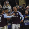 Morgan Rogers celebrates a goal for Aston Villa against Celtic.