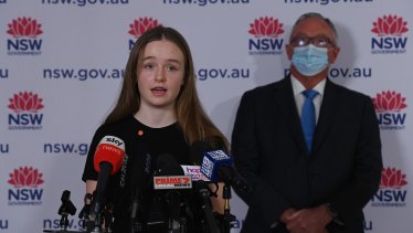Year 9 student Alyssa Horan, who welcomed the announcement of the social bubble, with NSW Health Minister Brad Hazzard.